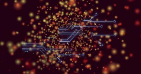 Displaying neon-blue circuit lines centered in digital space, with nodes, arrowheads, warm bokeh