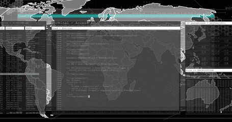 Displaying central terminal running code and file tree on network dashboard, showing world map
