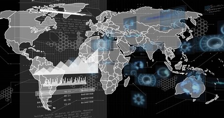 Displaying world map graphic on gridded digital dashboard with bar and line charts, timestamps, HUD