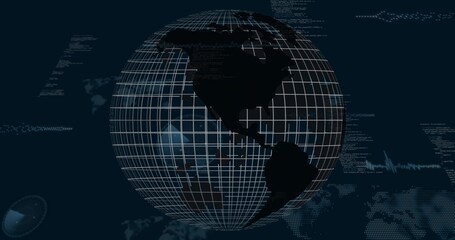 Displaying large wireframe globe rotating over dark dashboard, showing radar code waveform overlays