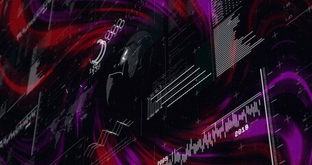 Displaying central data display with magenta ribbons and candlestick charts on dark dashboard