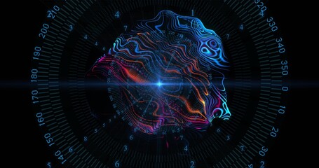 Pulsing neural-network wireframe forming brain shape on HUD, showing central flare, numeric ticks