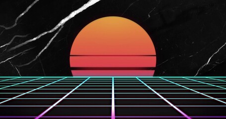 Obraz premium Glowing neon grid with cyan pink lines leading to scanline orange-red sun on retro marble backdrop
