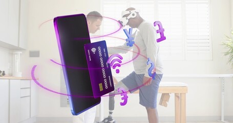 Balancing man wearing VR headset testing prosthetic in clinic, clinician white coat, phone-card art