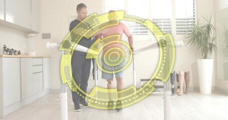 Supporting therapist guiding patient wearing pink shirt with prosthetic leg in rehab, parallel bars