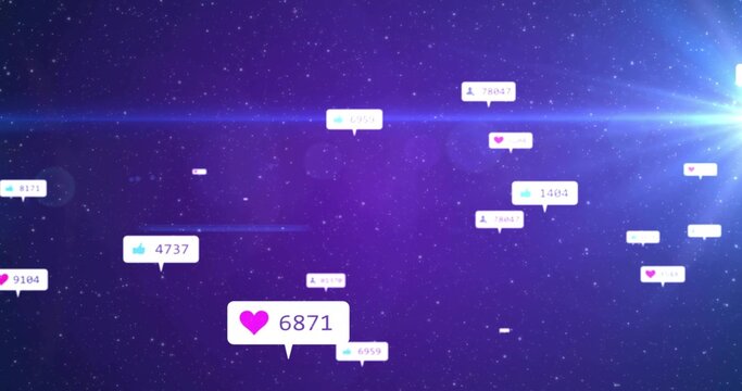 Floating magenta heart notification showing 6871 drifting in starfield with icons and lens flare