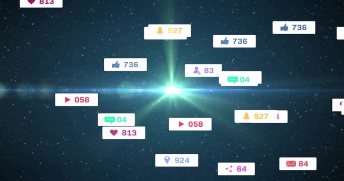 Floating social media notification badges orbiting central flare in navy starfield, with counters - Powered by Adobe