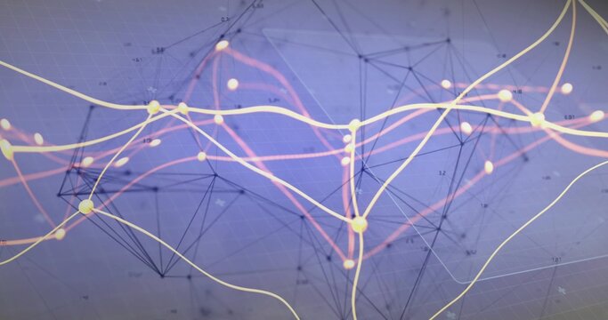 Displaying centered abstract network on digital display, showing glowing nodes, ribbons, mesh grid