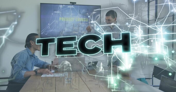 Glowing TECH graphic spanning boardroom, overlaying PRODUCT LAUNCH on monitor, business casual team - Powered by Adobe