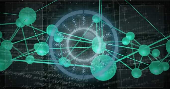 Displaying network cluster converging on holographic hub, with teal spheres and glowing lines