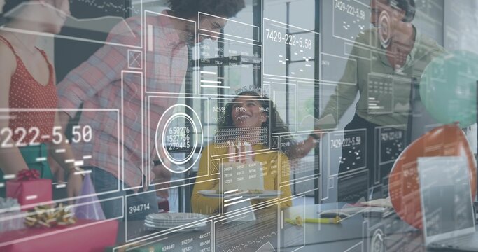 Celebrating coworker in yellow top, glasses at conference table with gifts, glass overlays