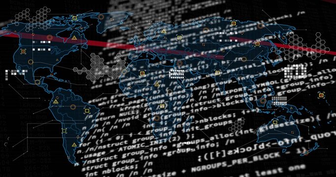 Displaying stylized world map centered in cyber dashboard, overlaying white code text with hexes