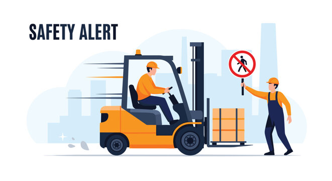 Safety alert concept with a worker holding a no pedestrian sign to stop a moving forklift in a warehouse environment, vector illustration.