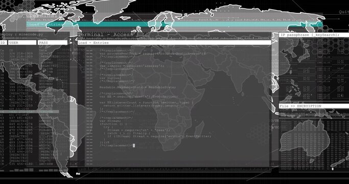 Displaying central terminal running code and file tree on network dashboard, showing world map
