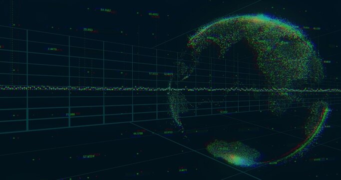 Visualizing dense multicolor point cloud globe drifting in 3D grid, with numeric labels, copy space