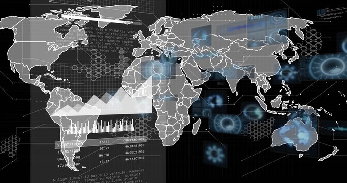 Displaying world map graphic on gridded digital dashboard with bar and line charts, timestamps, HUD