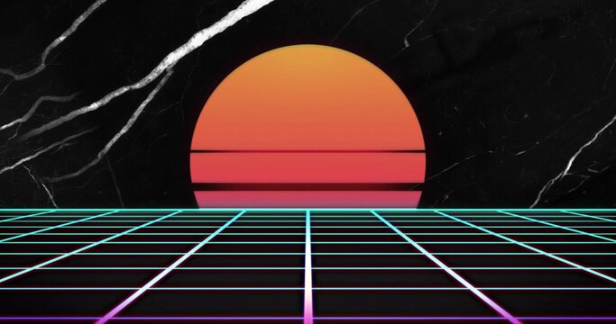Naklejki Glowing neon grid with cyan pink lines leading to scanline orange-red sun on retro marble backdrop