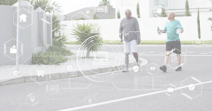 Walking two men on suburban street, in shorts holding water bottle showing prosthetic leg HUD icons