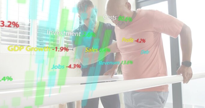 Walking senior on parallel bars in clinic PT in polo guiding smartwatch hologram finance charts - Powered by Adobe
