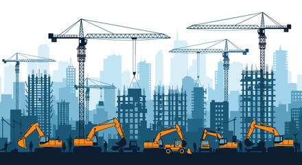 Silhouette of a large city construction site with multiple tower cranes and excavators working on new building developments.