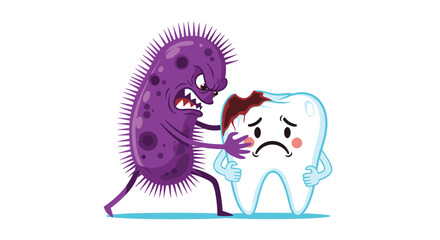Cartoon illustration of a scary bacterium monster causing tooth decay by attacking a sad, unhealthy tooth character, concept art.