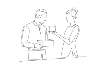 Couple giving gifts. Gift giving concept one-line drawing