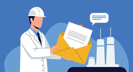 An industrial engineer holding a large open envelope with an official document, representing a report or communication from a factory.
