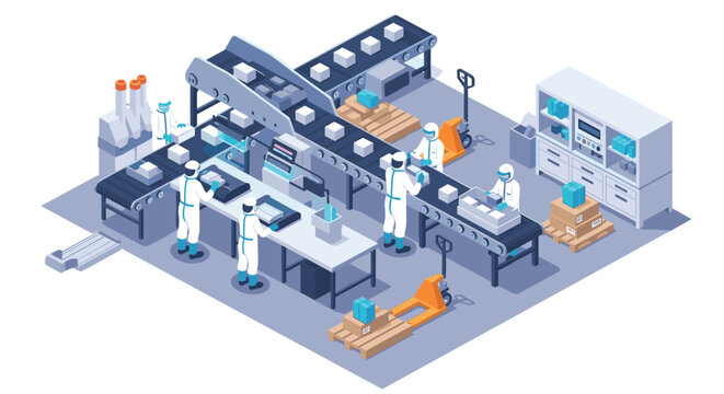 Isometric view of a pharmaceutical factory with workers in cleanroom suits on an automated production line with conveyor belts.