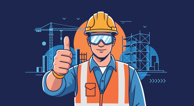 Stylized illustration of a confident construction worker in safety gear giving a thumbs-up in front of a building site graphic.