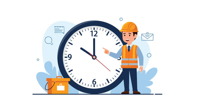 Construction worker character pointing to a large clock, illustrating concepts of project deadlines, time management, and schedules.