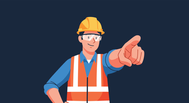 Construction worker in safety gear pointing his finger directly at the viewer, as a call to action or for recruitment purposes.