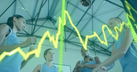 Huddling five players wearing light blue jerseys discussing strategy in gym, neon waveform overlay