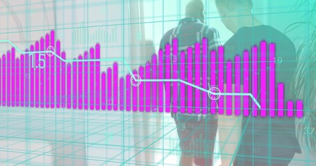 Walking men in glass atrium, one in plaid with backpack, other in dark tee, magenta chart