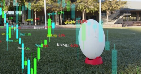 Displaying white oval ball on red tee at campus turf, showing financial charts, copy space © vectorfusionart
