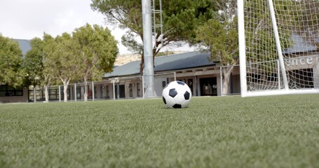 Resting soccer ball occupying center on campus sports field, showing turf, goal, floodlight pole