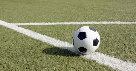 Resting soccer ball sitting on white painted field line at grass pitch, natural turf, copy space