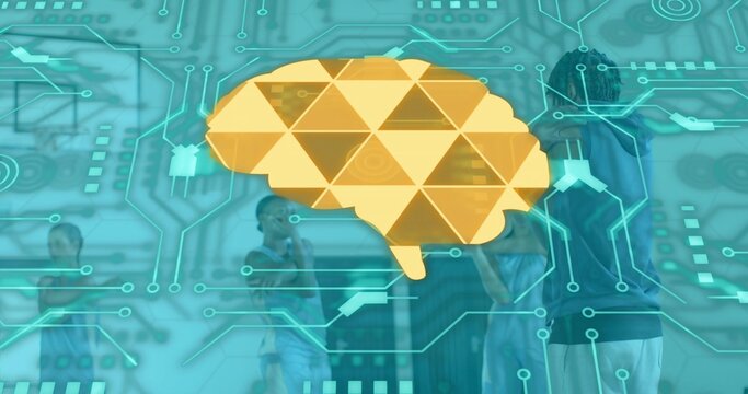Overlaying yellow brain over gym court, showing teal circuit and players in jerseys and shorts - Powered by Adobe