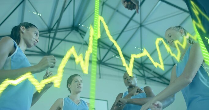 Huddling five players wearing light blue jerseys discussing strategy in gym, neon waveform overlay - Powered by Adobe