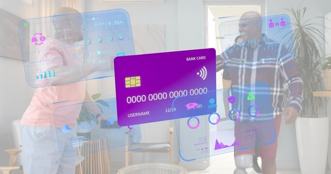 Gesturing men in pink hoodie, plaid shirt leaning, talking at home, purple bank card HUD - Powered by Adobe