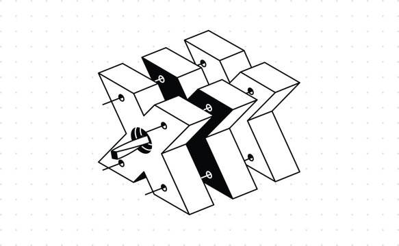 Isometric X letterform made from stacked 3D blocks with screws and bolts, monochrome tech illustration on dotted grid background, symbolizing customization, engineering, cloning, system configuration 