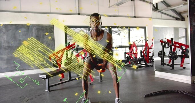 Holding man wearing grey tank, dark shorts, squatting with orange kettlebell at gym with AR overlay