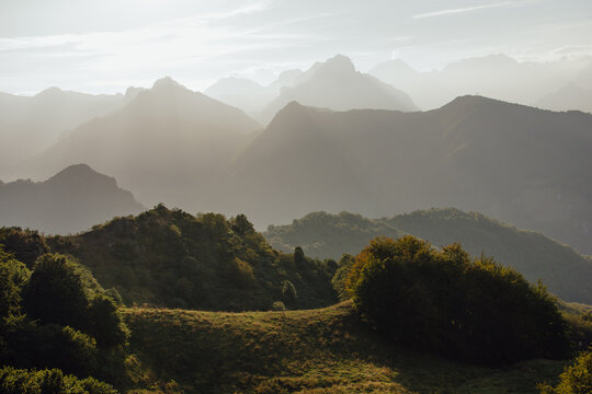 Sunlit Hazy Mountain Peaks of the Macizo de Ubi&ntilde;a, Asturias Spain