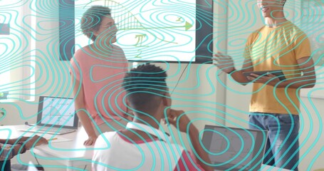 Showing man in yellow shirt with tablet, pointing at display in office, teal overlay, copy space