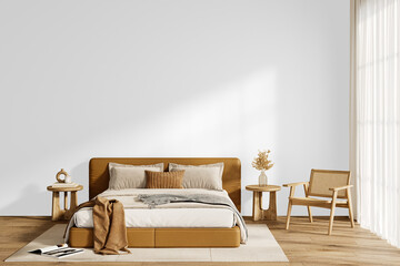 Full Bedroom Interior PNG Cutout with Camel Leather Bed, Matching Side Tables, Neutral Bedding and Scandinavian Chair on Transparent Wall Background © Visio3Design