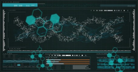 Displaying central network graph pulsing on dark dashboard, with teal hex overlays and info bars