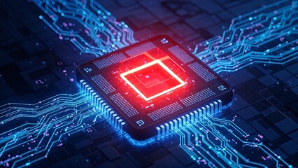 A glowing red microchip at the heart of a complex blue circuit board, symbolizing advanced technology and computing.