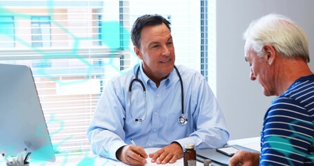 Writing doctor in light blue shirt consulting patient at clinic desk, stethoscope and pill bottle © vectorfusionart
