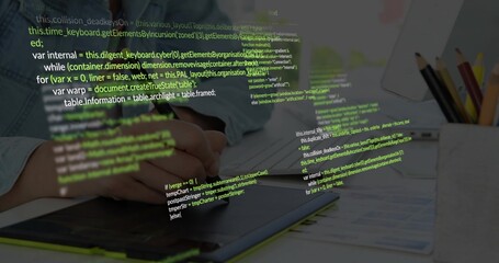 Working hands in denim shirt, using stylus editing on graphics tablet at desk, code overlay © vectorfusionart