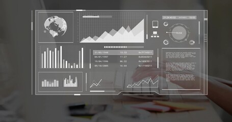 Filling frame transparent digital dashboard overlay showing charts over desk, hands typing laptop