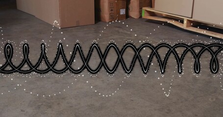 Lying long black coiled hose on concrete storage floor with white dotted overlay and boxes © vectorfusionart